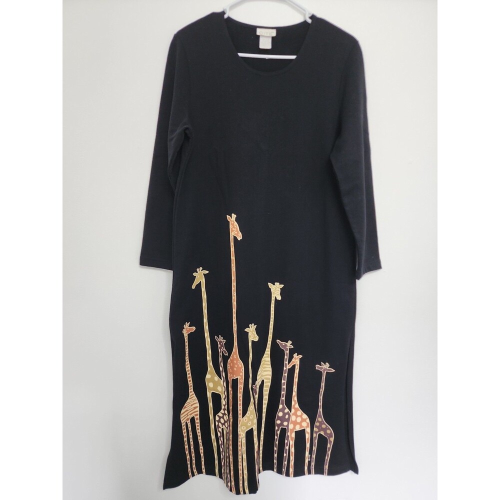 CITE Black Dress Womens PS Petite Giraffe Print Midi Casual Long Sleeve Cotton
